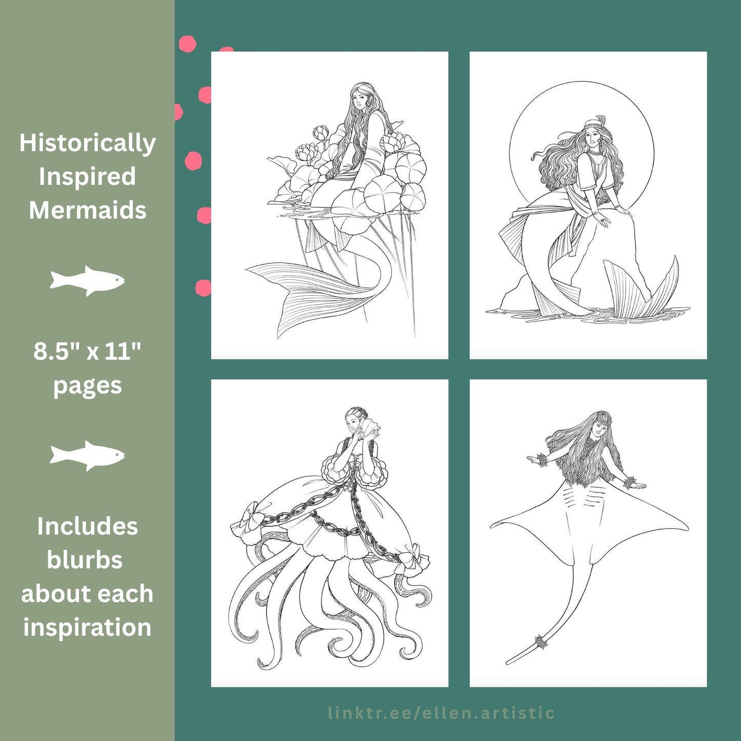 Historical Mermaids Coloring Bundle 3 - 13 Page PDF by Ellen Artistic