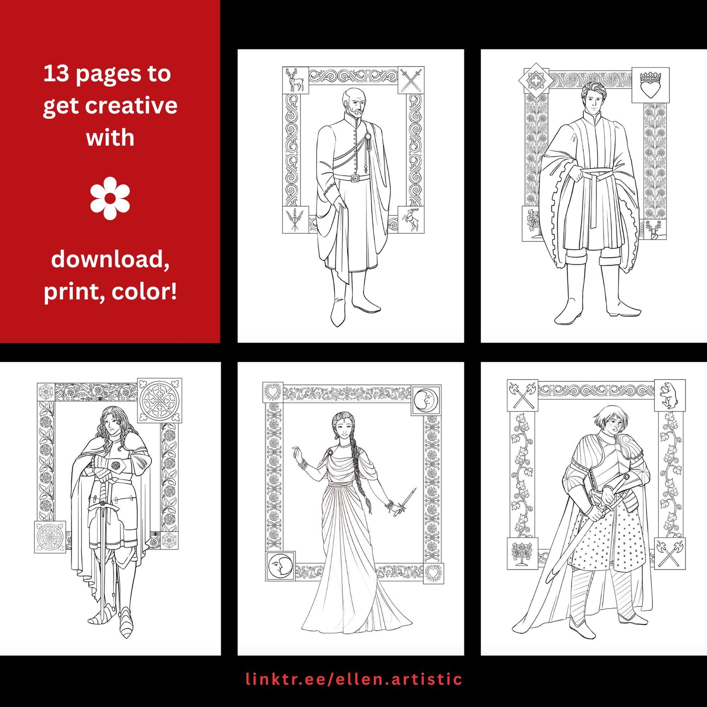 Knights & Swords Fashion Coloring Bundle - 14 Page PDF by Ellen Artistic