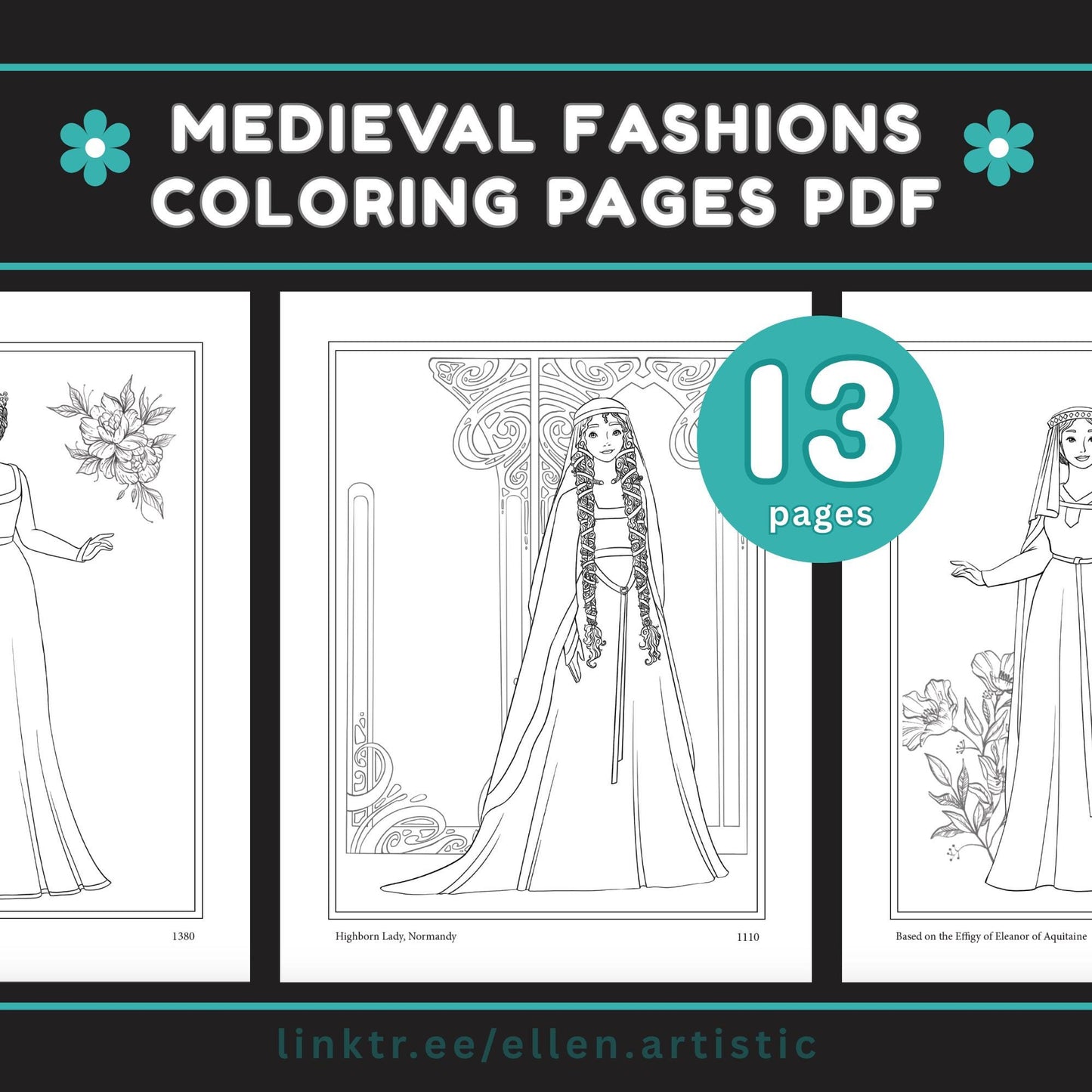 Medieval Fashion Coloring Pages - 13 Page PDF by Ellen Artistic