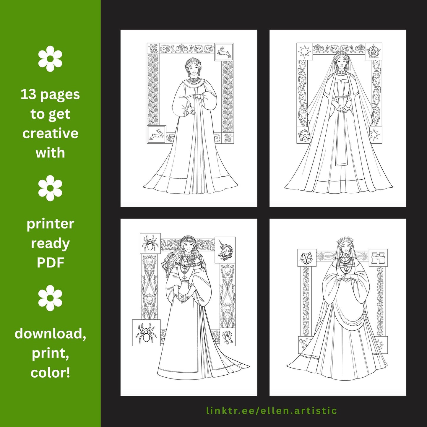 Green Fires Fashion Coloring Bundle - 13 Page PDF by Ellen Artistic
