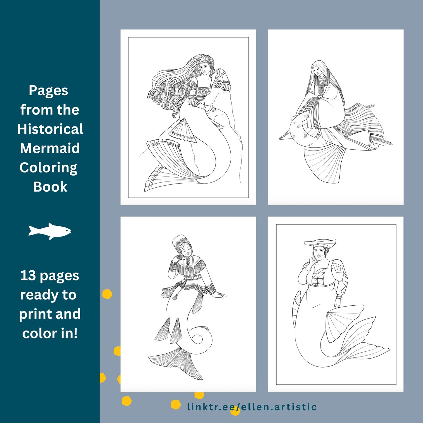 Historical Mermaids Coloring Bundle 4 - 12 Page PDF by Ellen Artistic