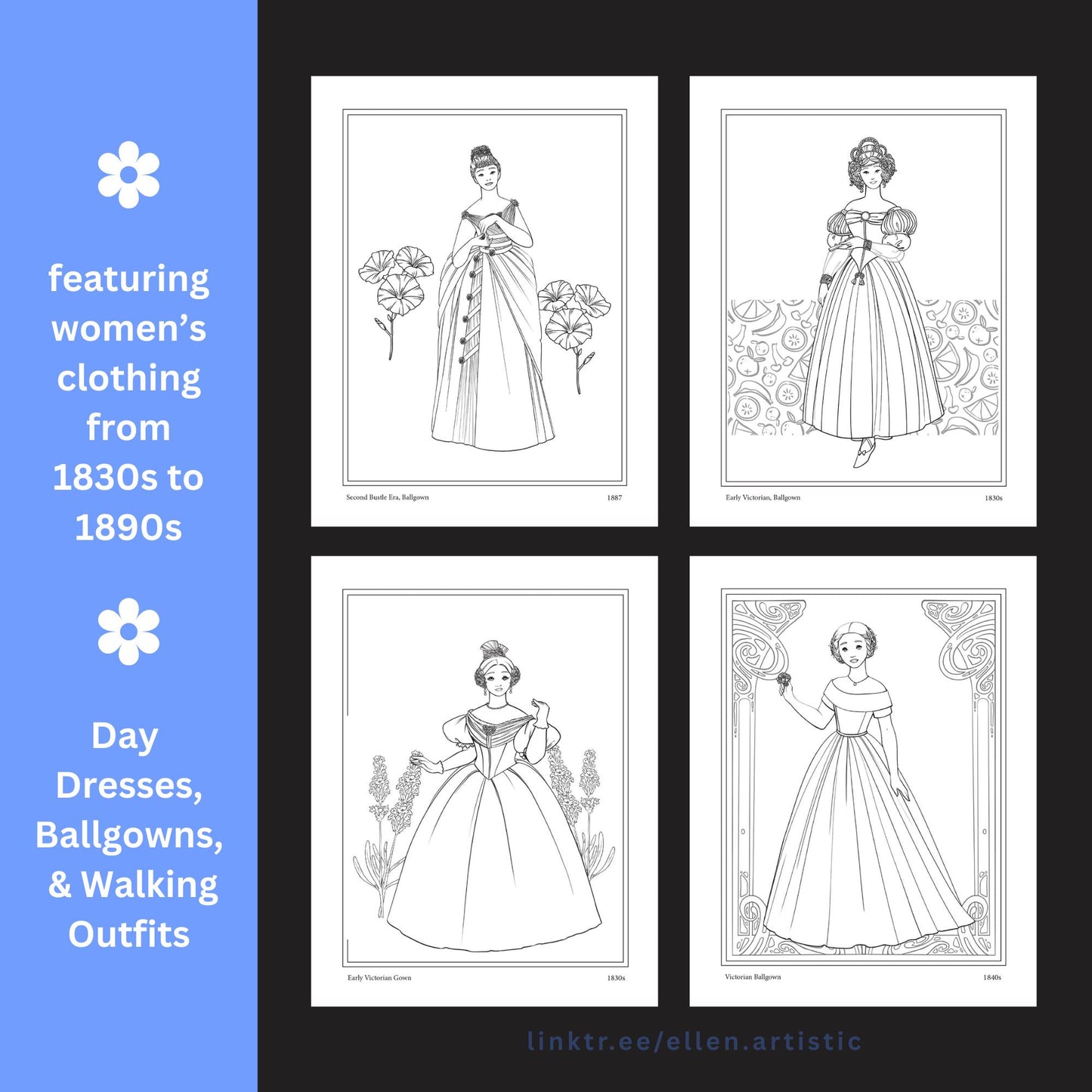 Victorian Fashion Coloring Pages - 15 Page PDF by Ellen Artistic