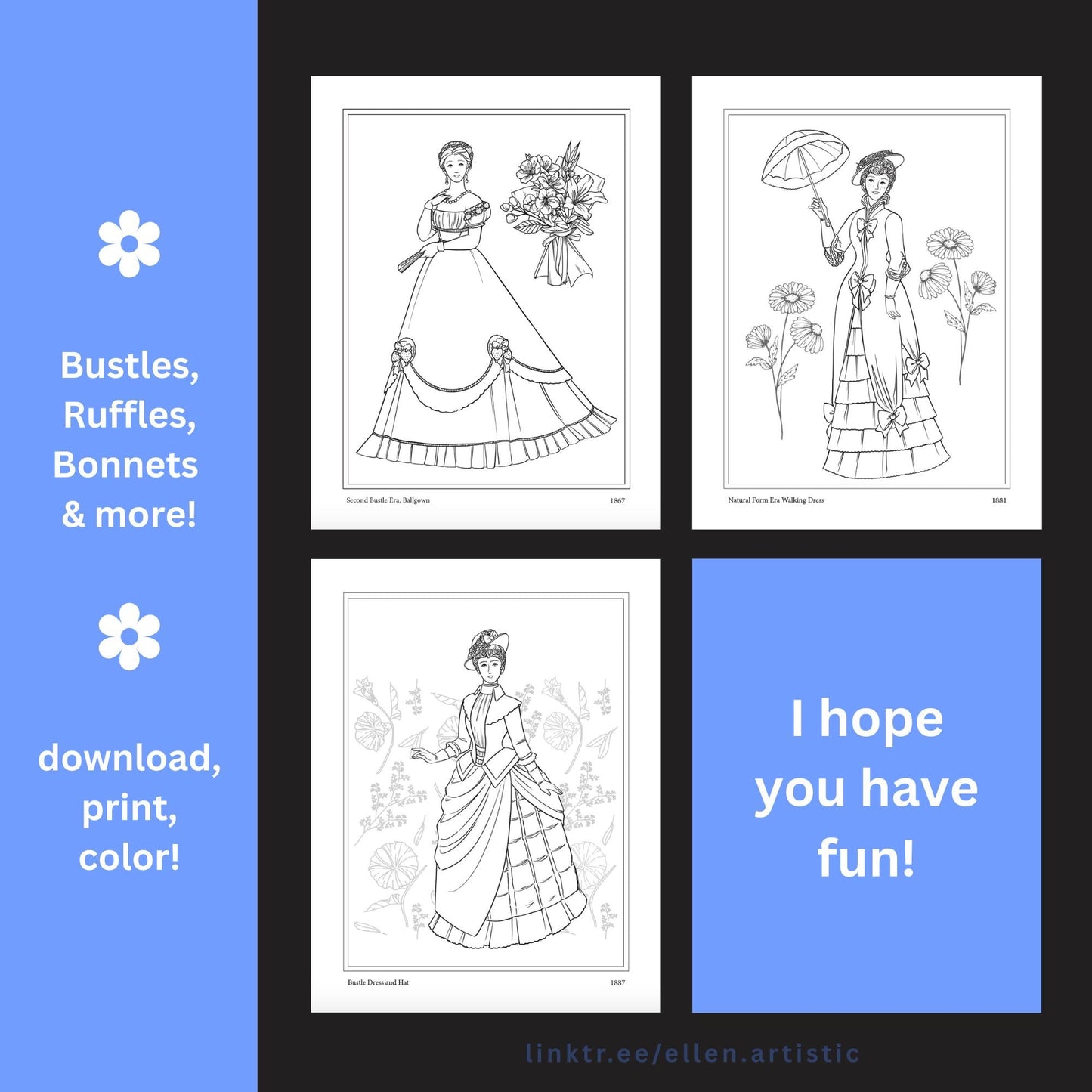 Victorian Fashion Coloring Pages - 15 Page PDF by Ellen Artistic
