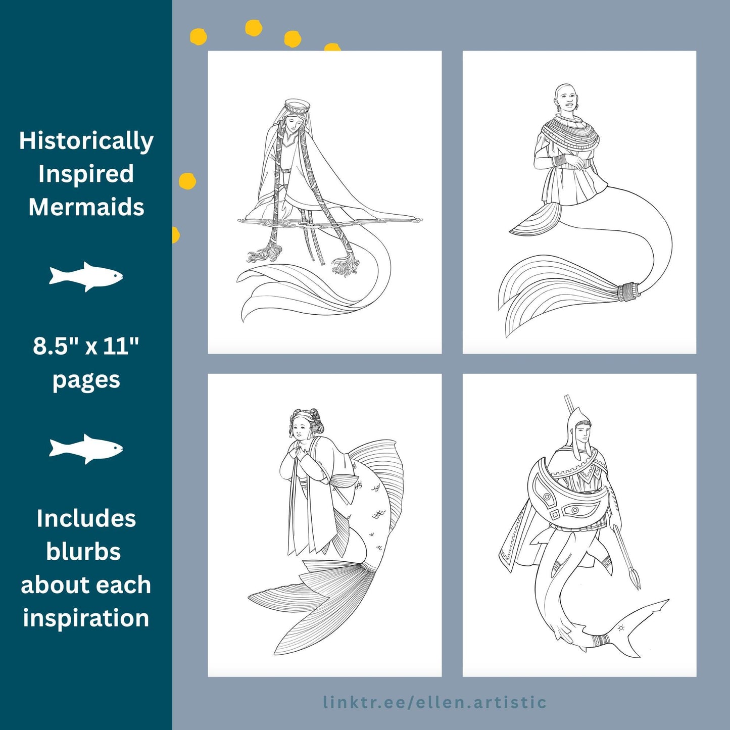 Historical Mermaids Coloring Bundle 4 - 12 Page PDF by Ellen Artistic