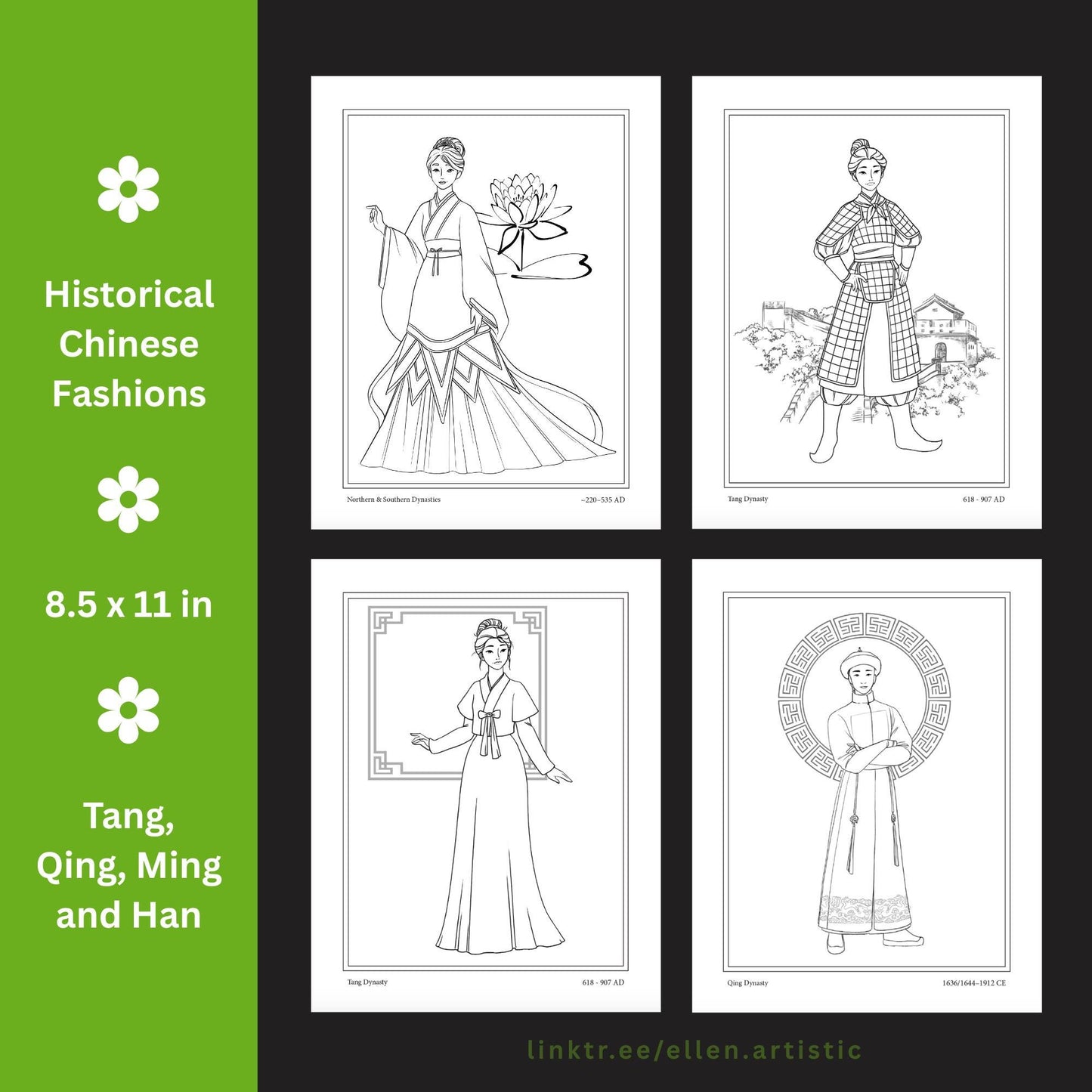 Chinese Historical Fashion Coloring Pages - 16 Page PDF by Ellen Artistic