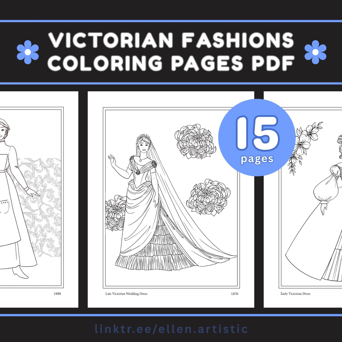 Victorian Fashion Coloring Pages - 15 Page PDF by Ellen Artistic