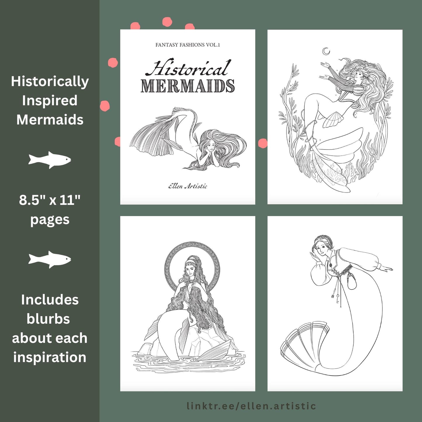 Historical Mermaids Coloring Bundle 1 - 13 Page PDF by Ellen Artistic