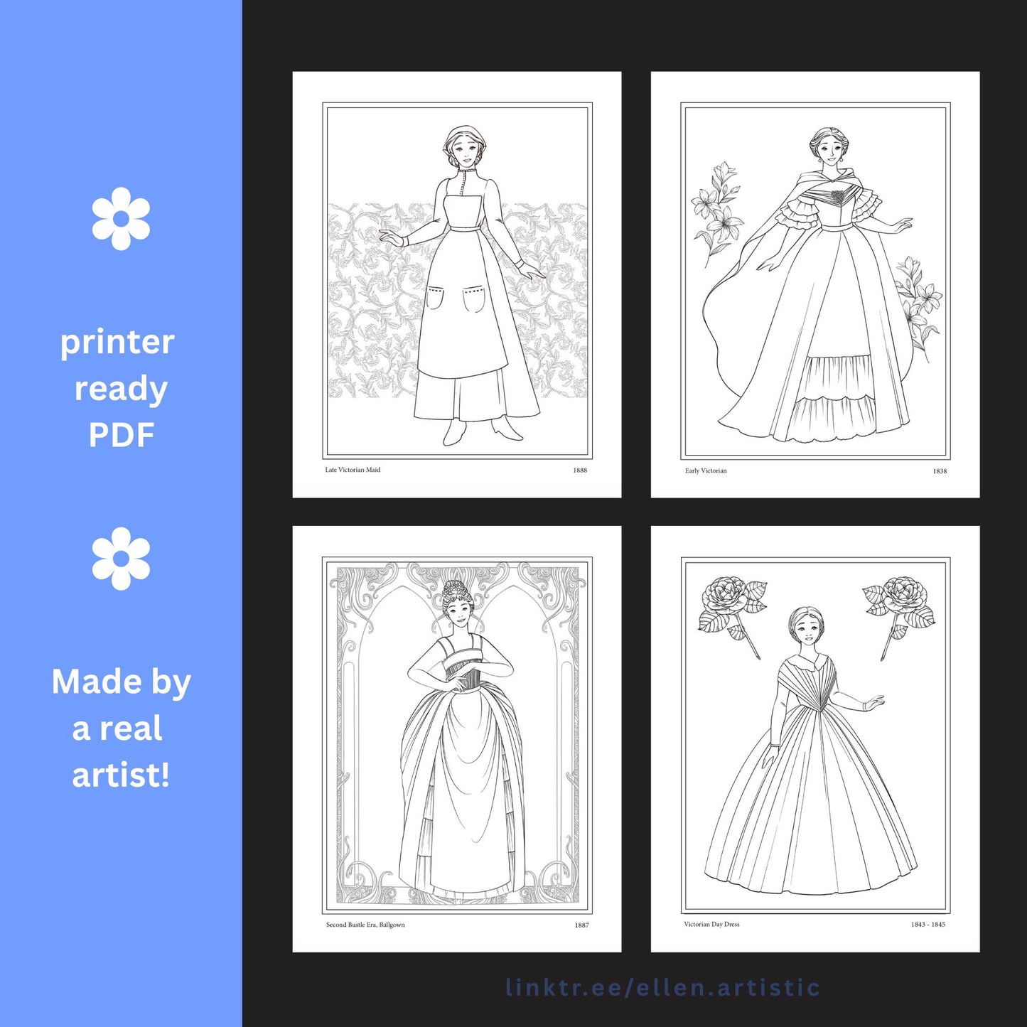 Victorian Fashion Coloring Pages - 15 Page PDF by Ellen Artistic