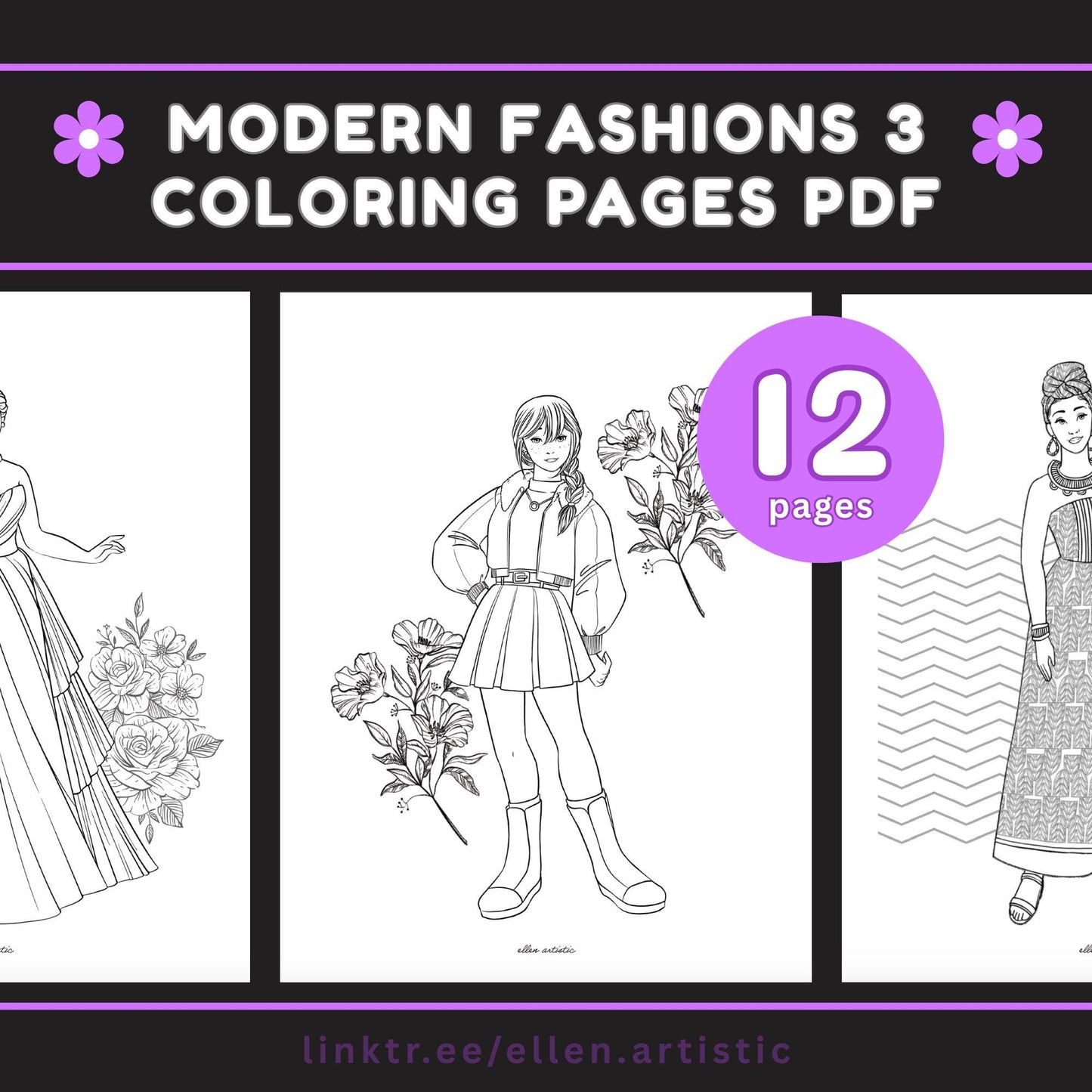 Modern Fashion #3 Coloring Pages - 12 Page PDF by Ellen Artistic