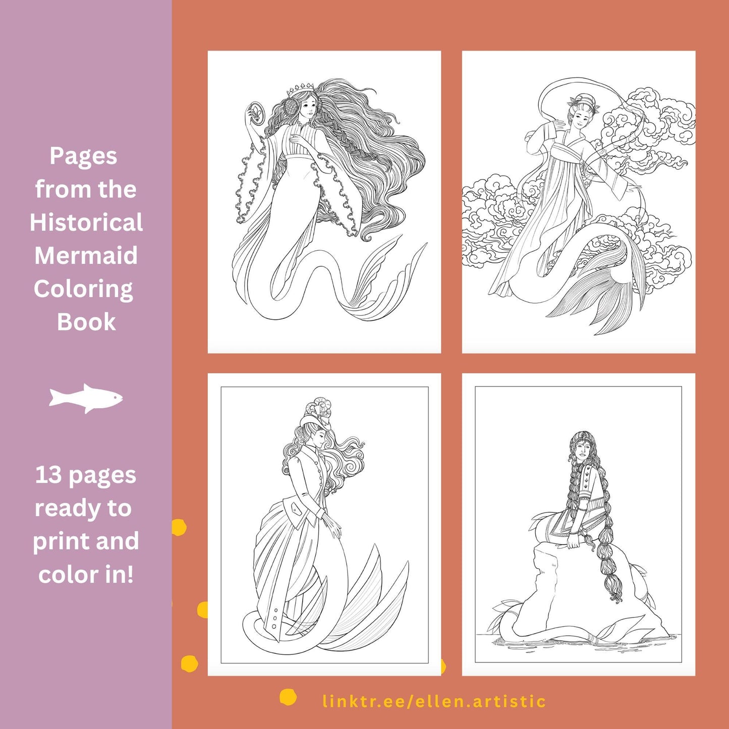 Historical Mermaids Coloring Bundle 2 - 13 Page PDF by Ellen Artistic