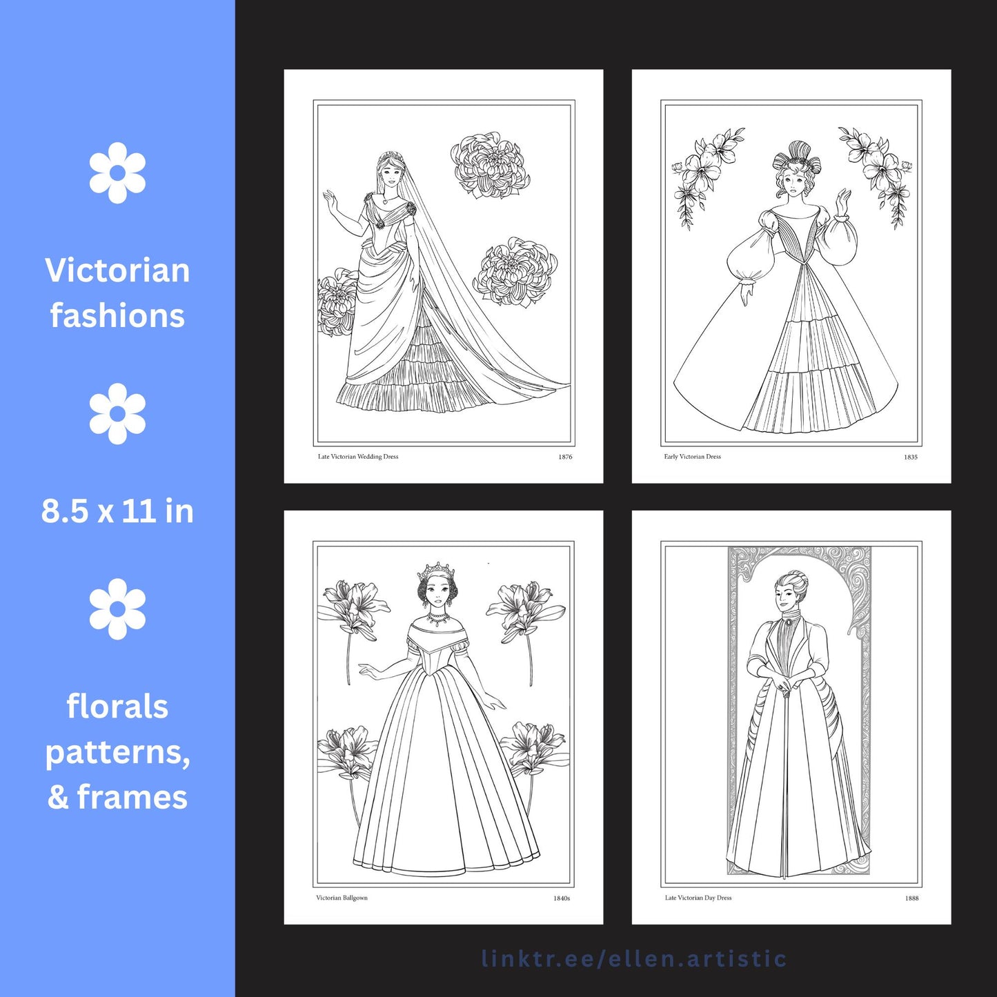 Victorian Fashion Coloring Pages - 15 Page PDF by Ellen Artistic