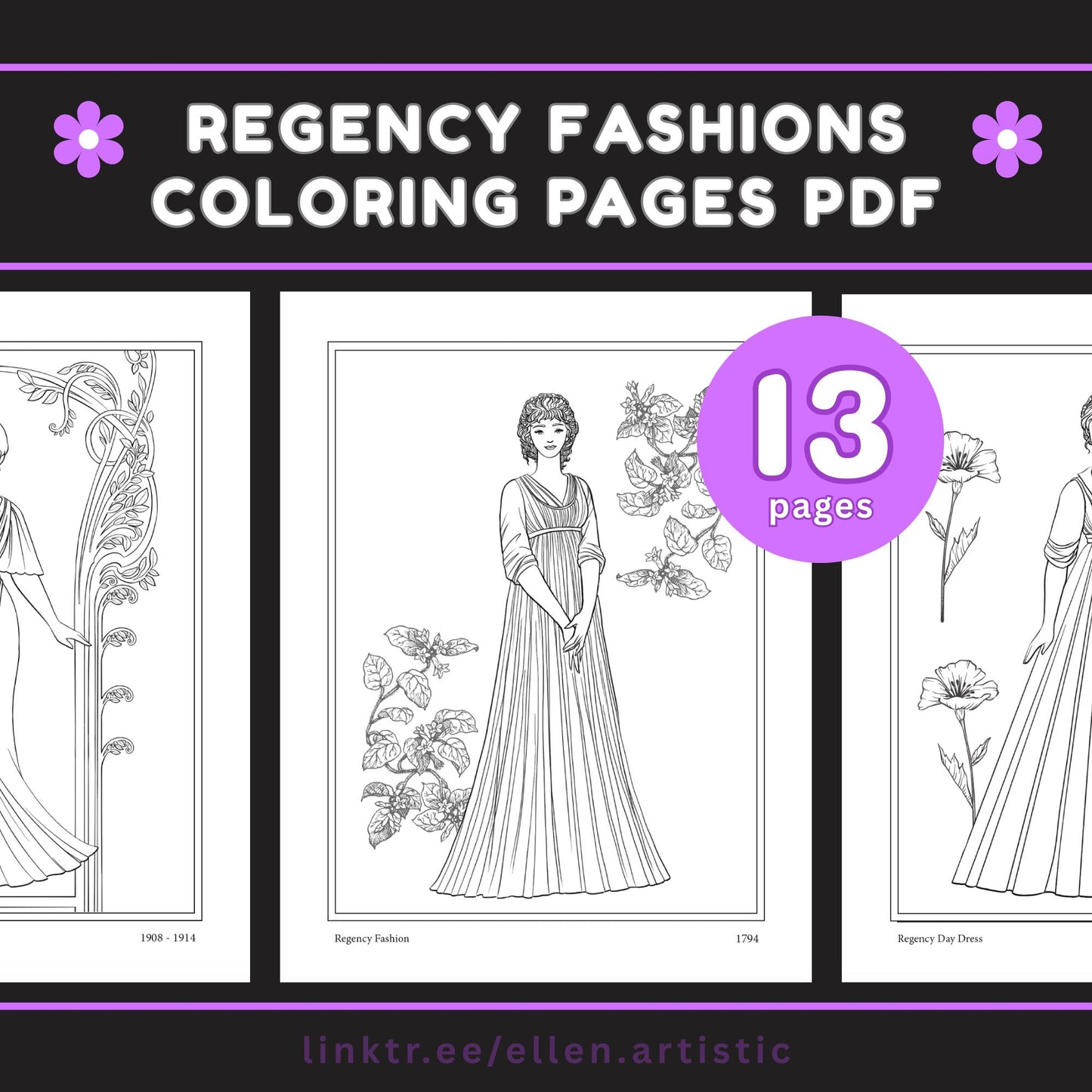 Regency Fashion Coloring Pages - 13 Page PDF by Ellen Artistic