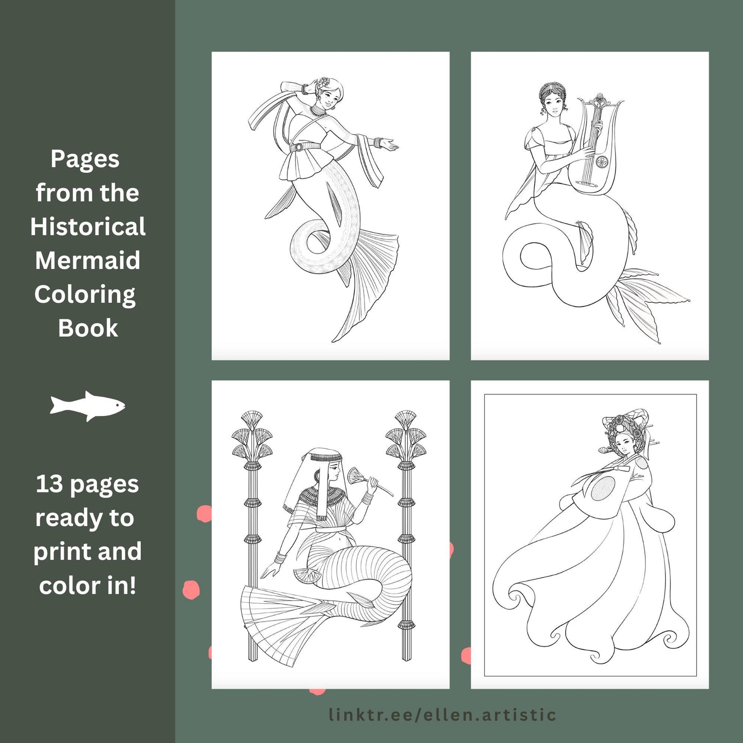 Historical Mermaids Coloring Bundle 1 - 13 Page PDF by Ellen Artistic