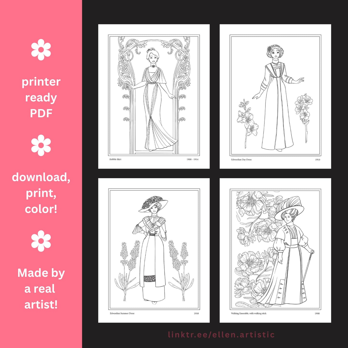 Edwardian Fashion Coloring Pages - 12 Page PDF by Ellen Artistic