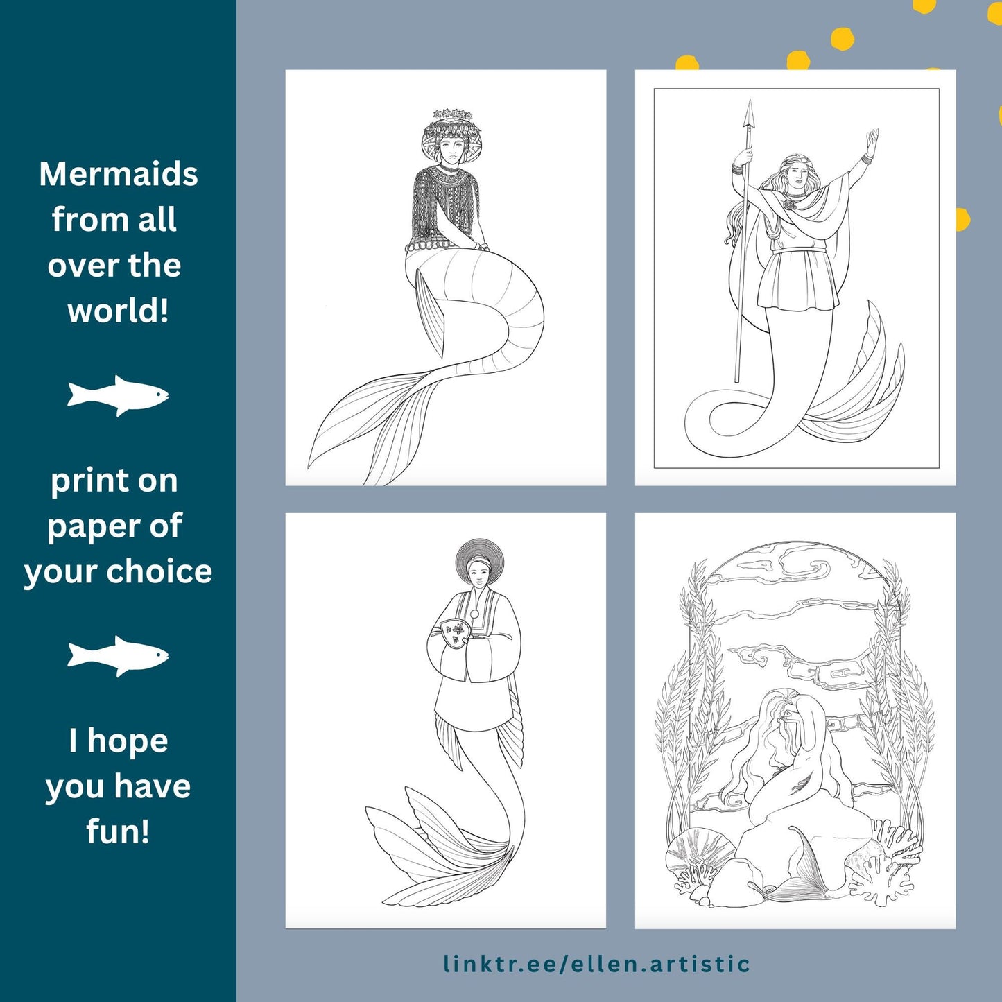 Historical Mermaids Coloring Bundle 4 - 12 Page PDF by Ellen Artistic
