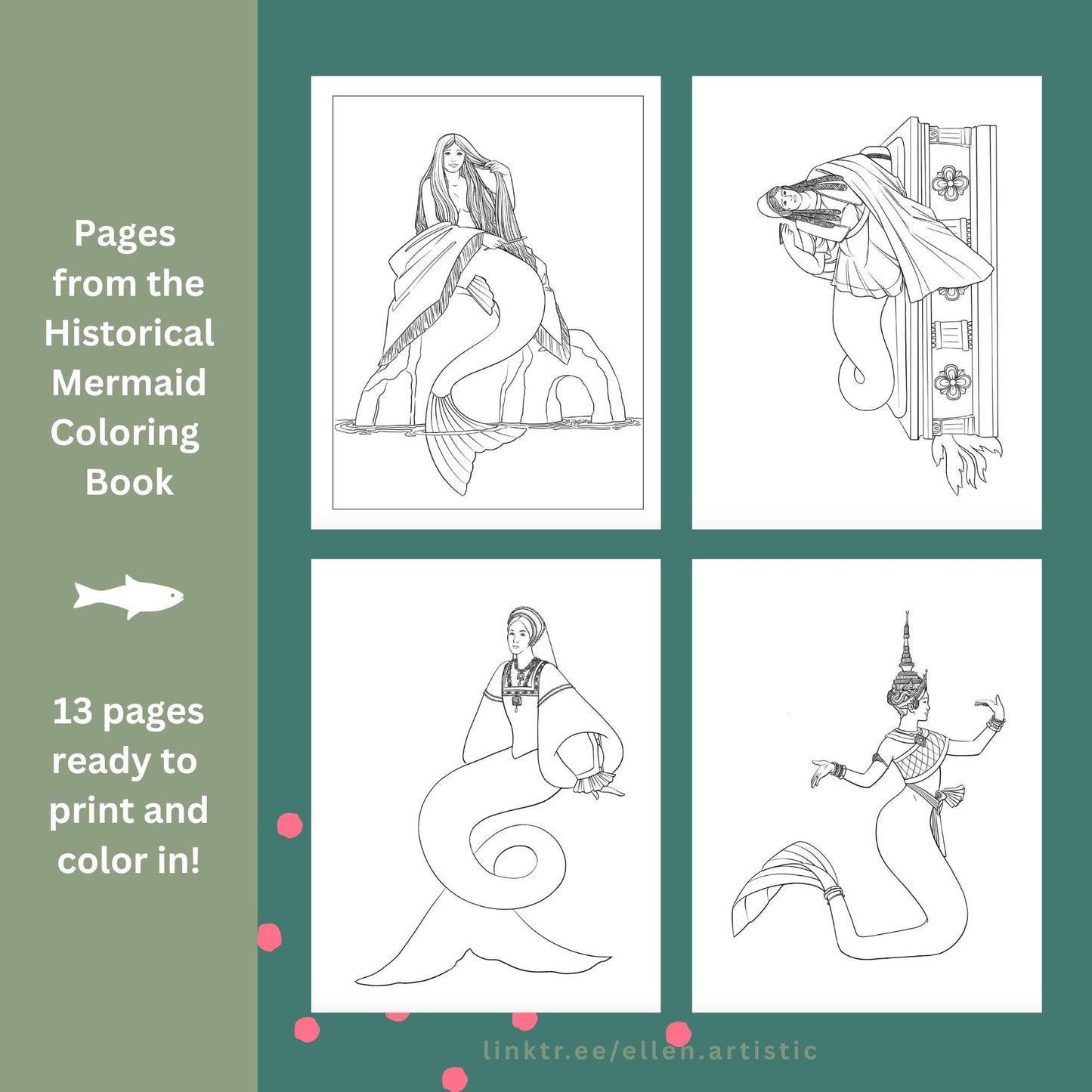 Historical Mermaids Coloring Bundle 3 - 13 Page PDF by Ellen Artistic