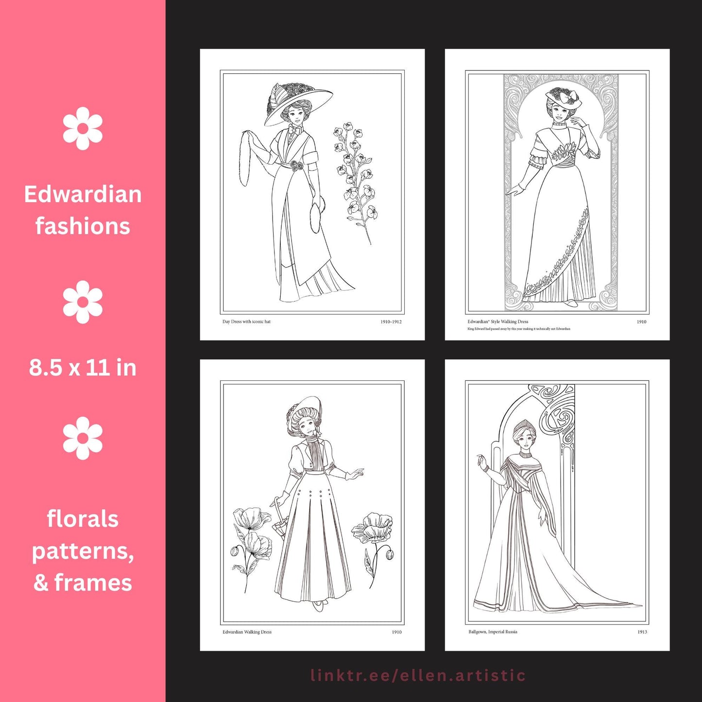 Edwardian Fashion Coloring Pages - 12 Page PDF by Ellen Artistic