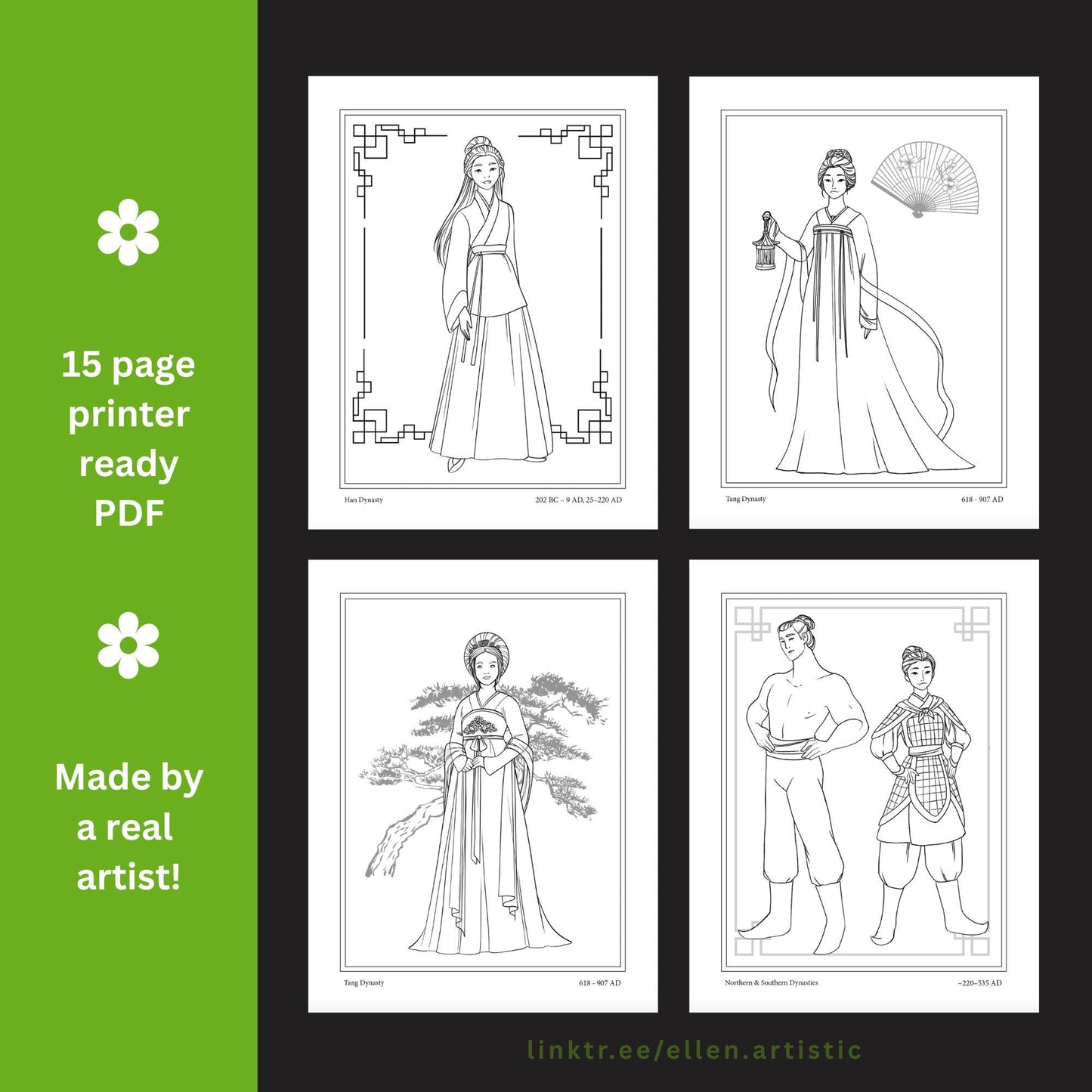 Chinese Historical Fashion Coloring Pages - 16 Page PDF by Ellen Artistic