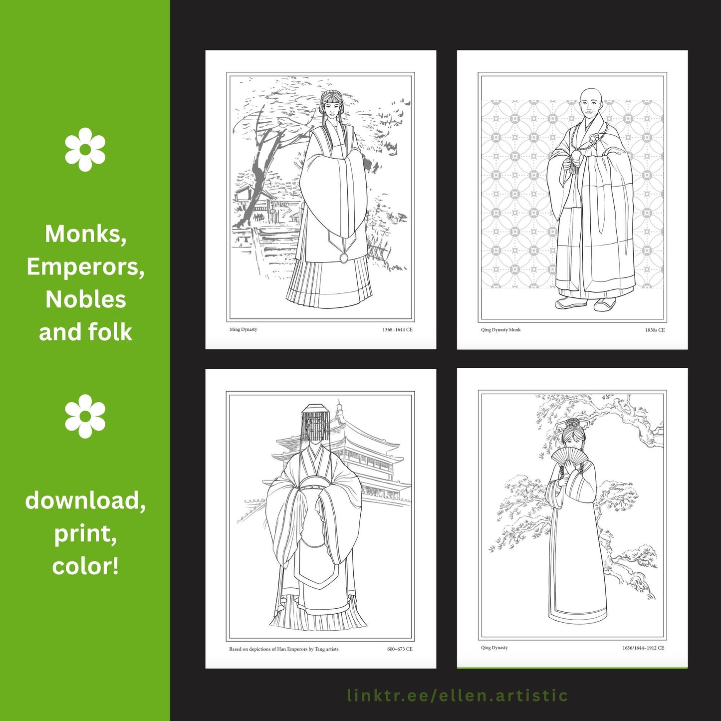 Chinese Historical Fashion Coloring Pages - 16 Page PDF by Ellen Artistic