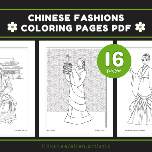 Chinese Historical Fashion Coloring Pages - 16 Page PDF by Ellen Artistic