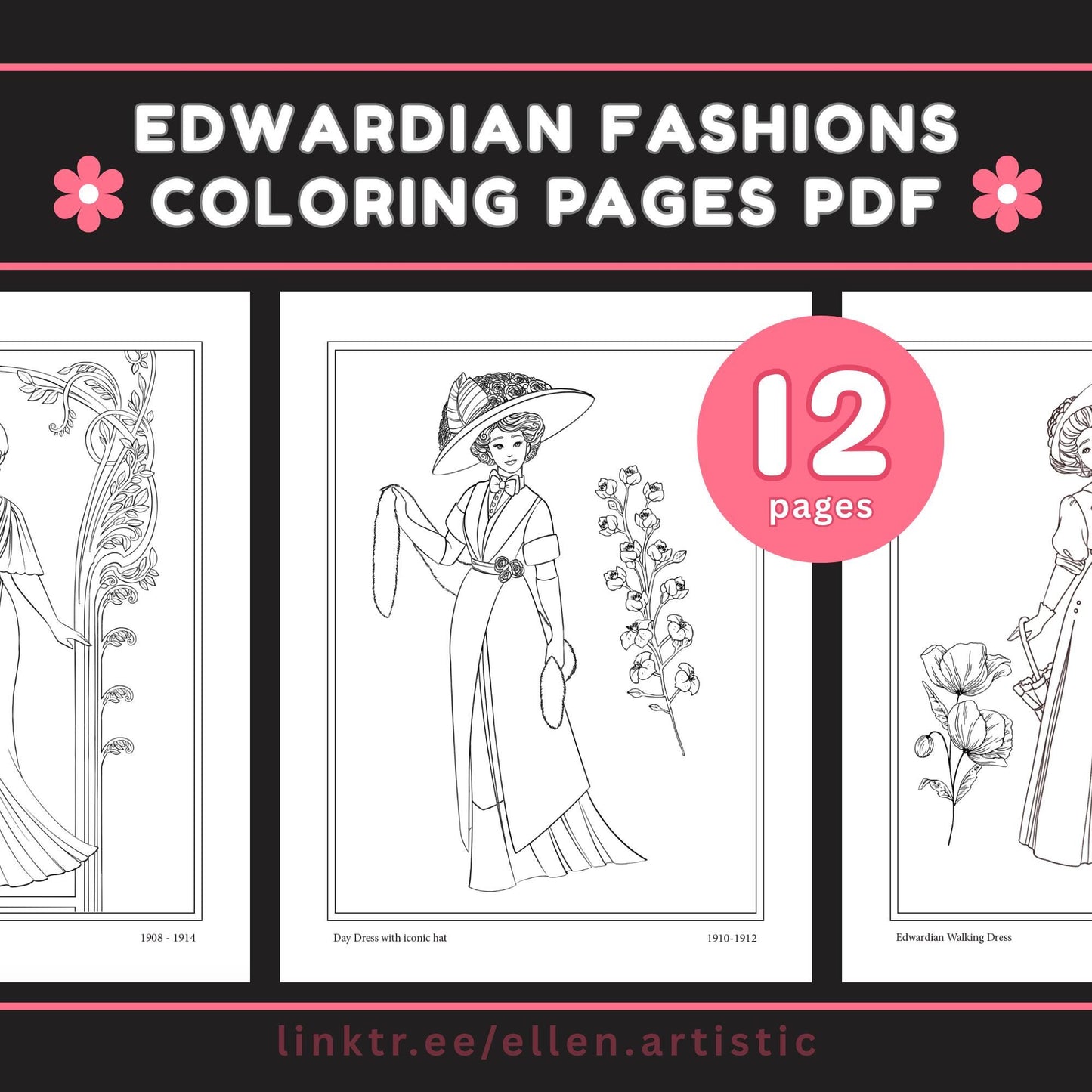 Edwardian Fashion Coloring Pages - 12 Page PDF by Ellen Artistic