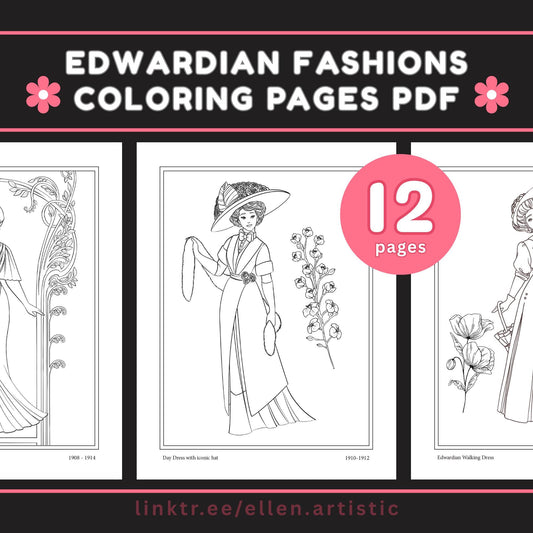 Edwardian Fashion Coloring Pages - 12 Page PDF by Ellen Artistic