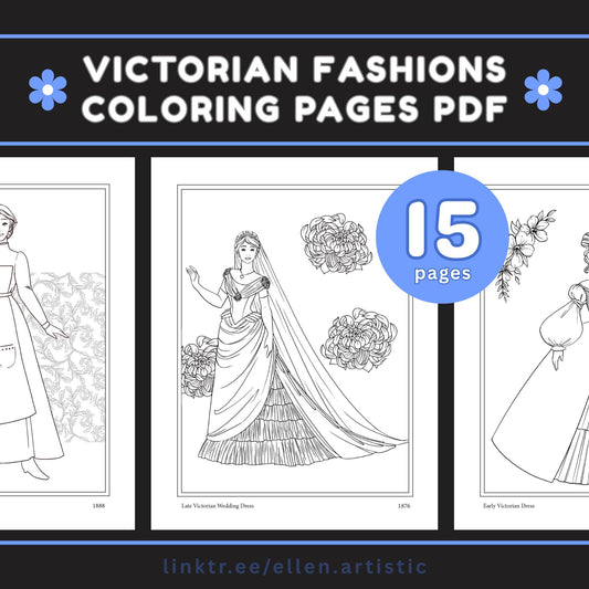Victorian Fashion Coloring Pages - 15 Page PDF by Ellen Artistic