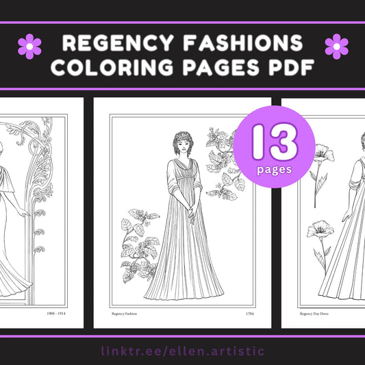 Regency Fashion Coloring Pages - 13 Page PDF by Ellen Artistic